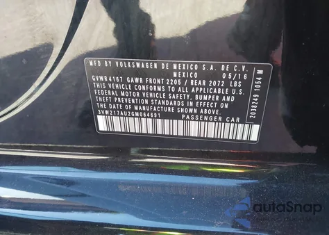 2016 Volkswagen Golf Tsi S 4-Door z USA, uszkodzony, nr VIN 3VW217AU2GM064691